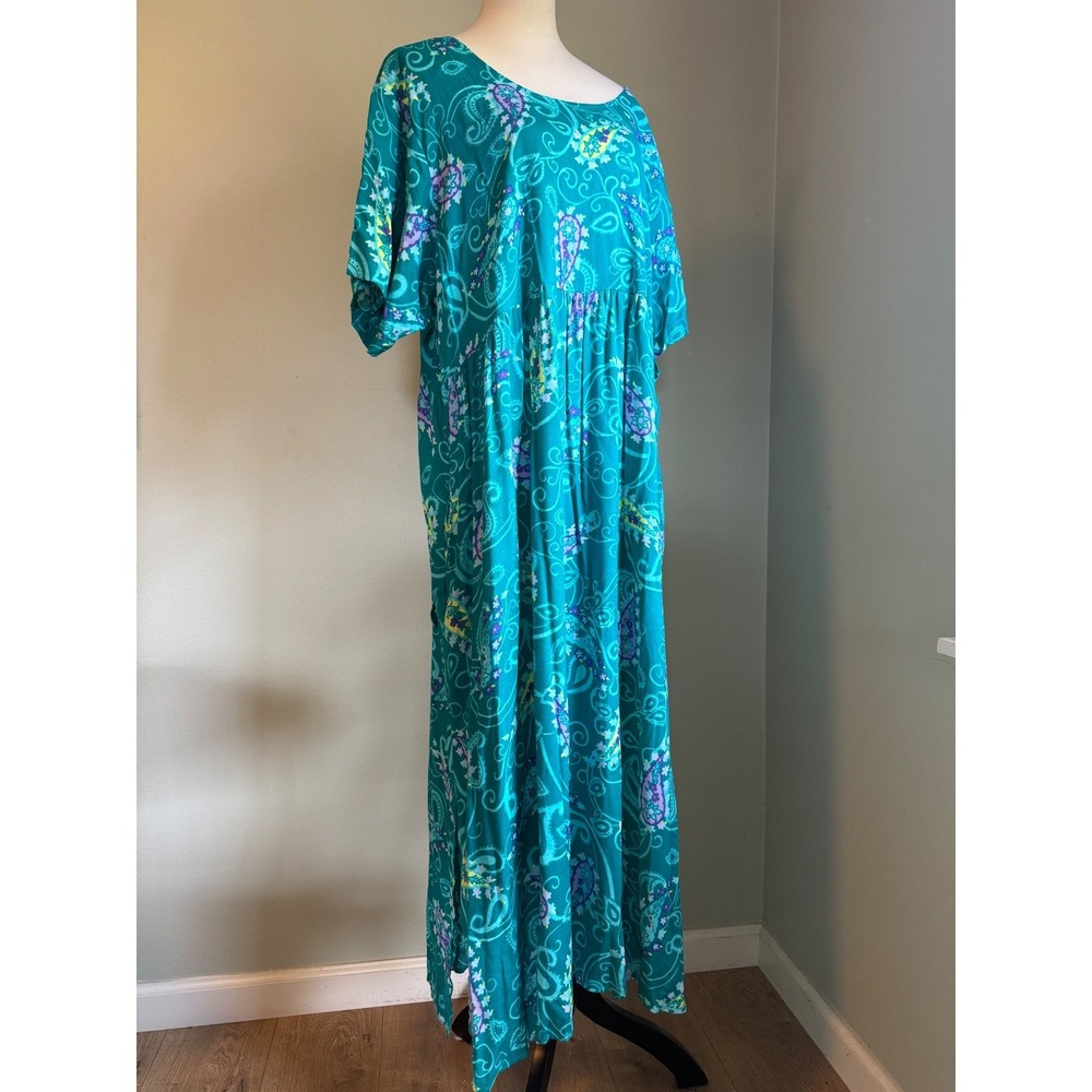 Diane Von Furstenberg Teal Paisley Rayon Maxi Dress 1X 2X‎ vintage boho whimsi